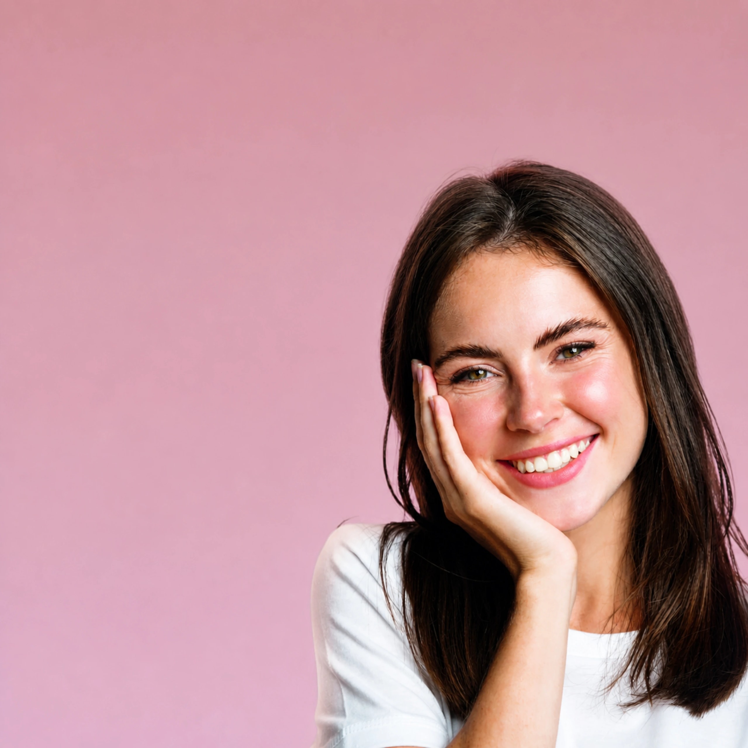 Mujer sonriendo con la mano en la mejilla, sobre fondo rosa — Éclat